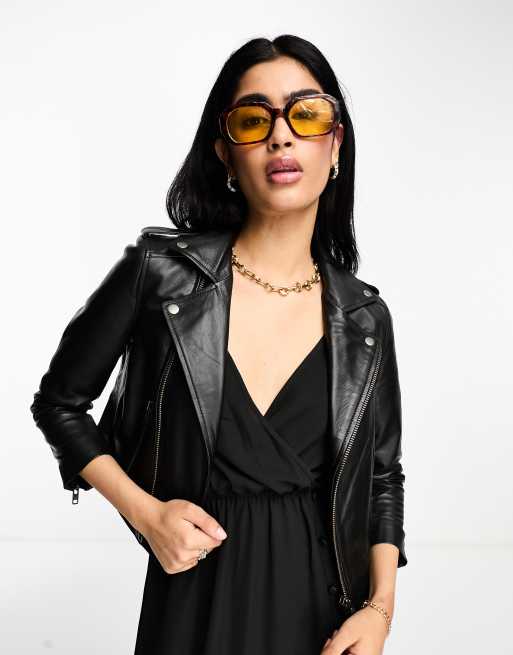 Muubaa cropped leather biker jacket in black | ASOS