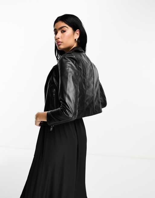 Muubaa cropped leather biker jacket in black