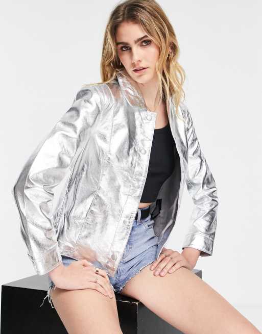 Muubaa cropped metallic leather jacket in silver ASOS