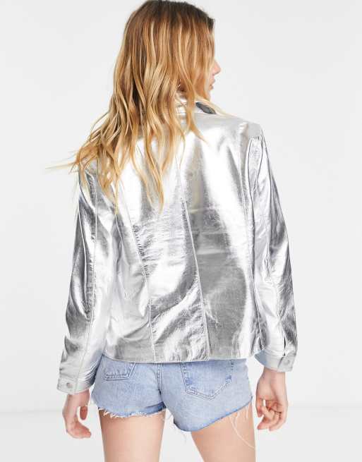 Muubaa cropped metallic leather jacket in silver