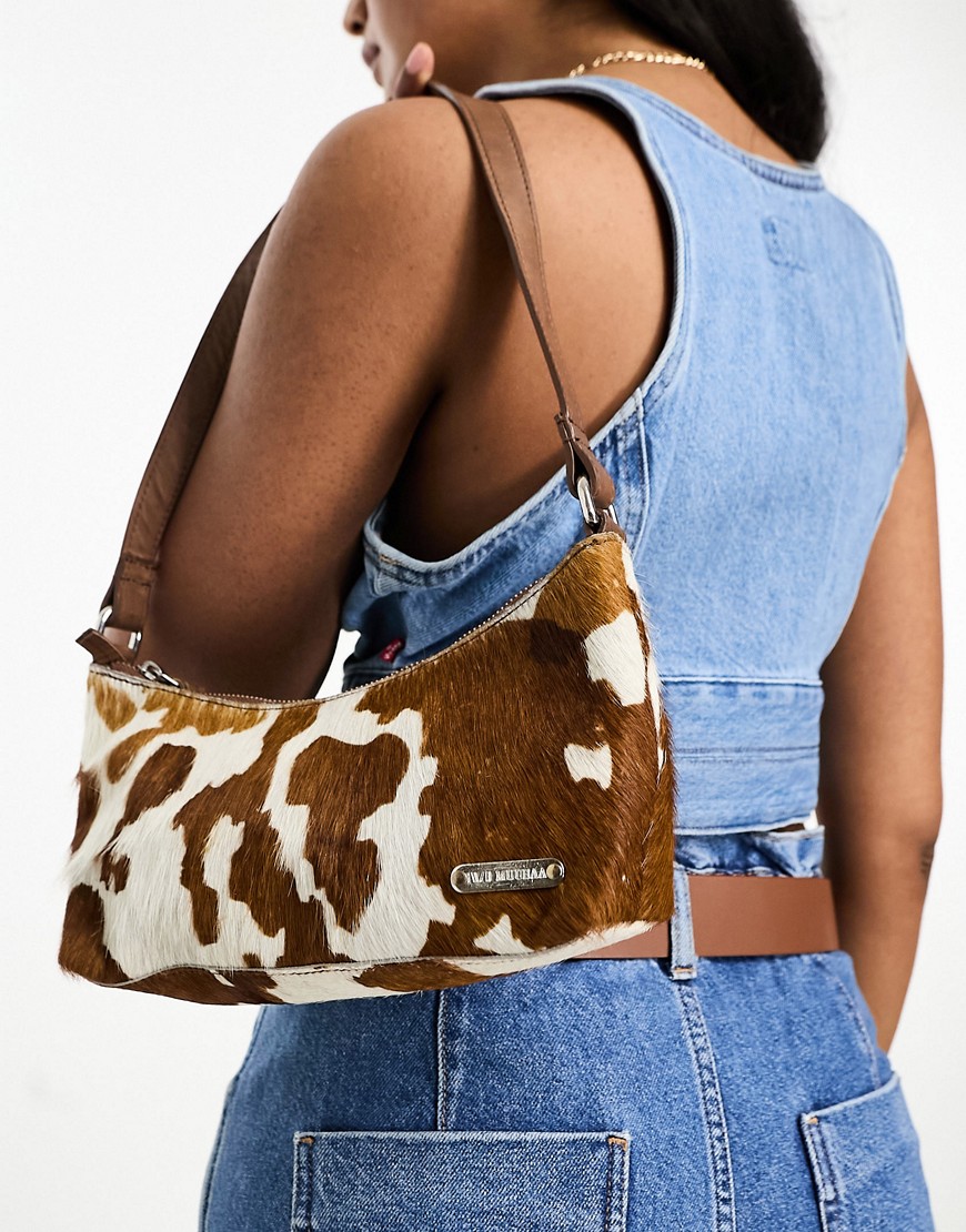 MuuBaa curved baguette shoulder bag in cow print-Brown