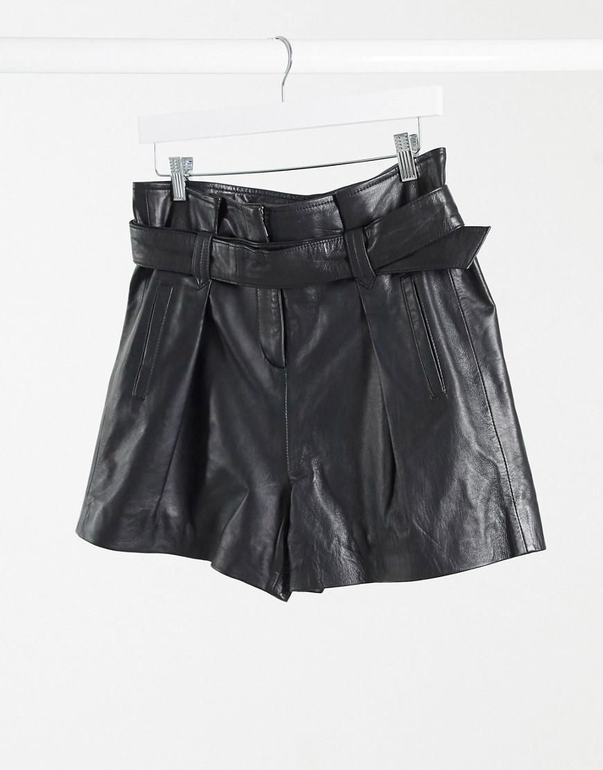 Muubaa donan paper-bag waist leather shorts in black