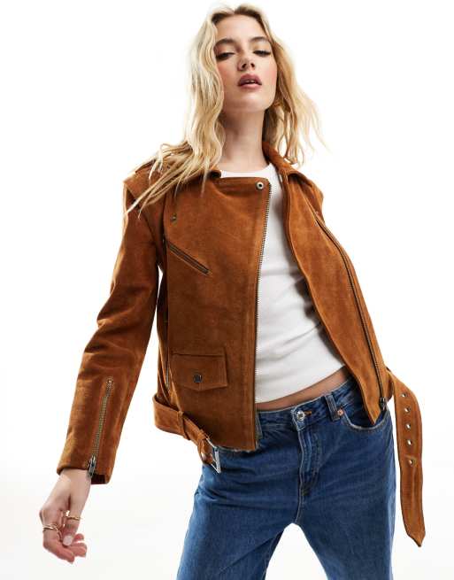 Muubaa - Giacca stile motociclista classica in pelle e camoscio, colore cuoio