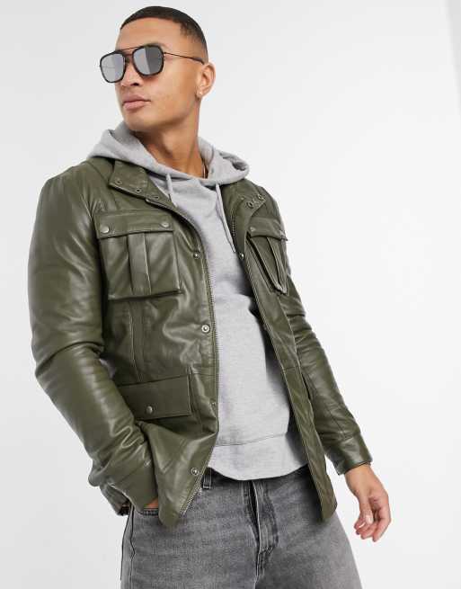 Muubaa Harrier Utility Leather Jacket With Quilted Lining-Green