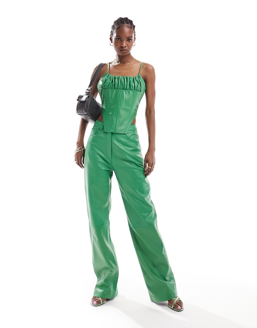 high rise straight leg leather pants in green