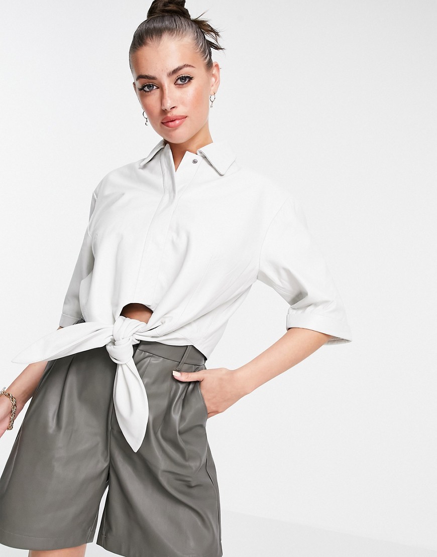 Muubaa Isabelle tie front crop leather shirt in white