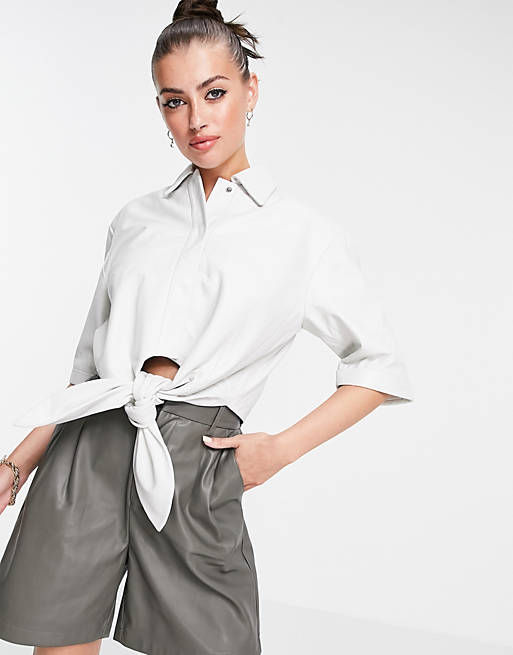 Muubaa Isabelle tie front crop leather shirt in white