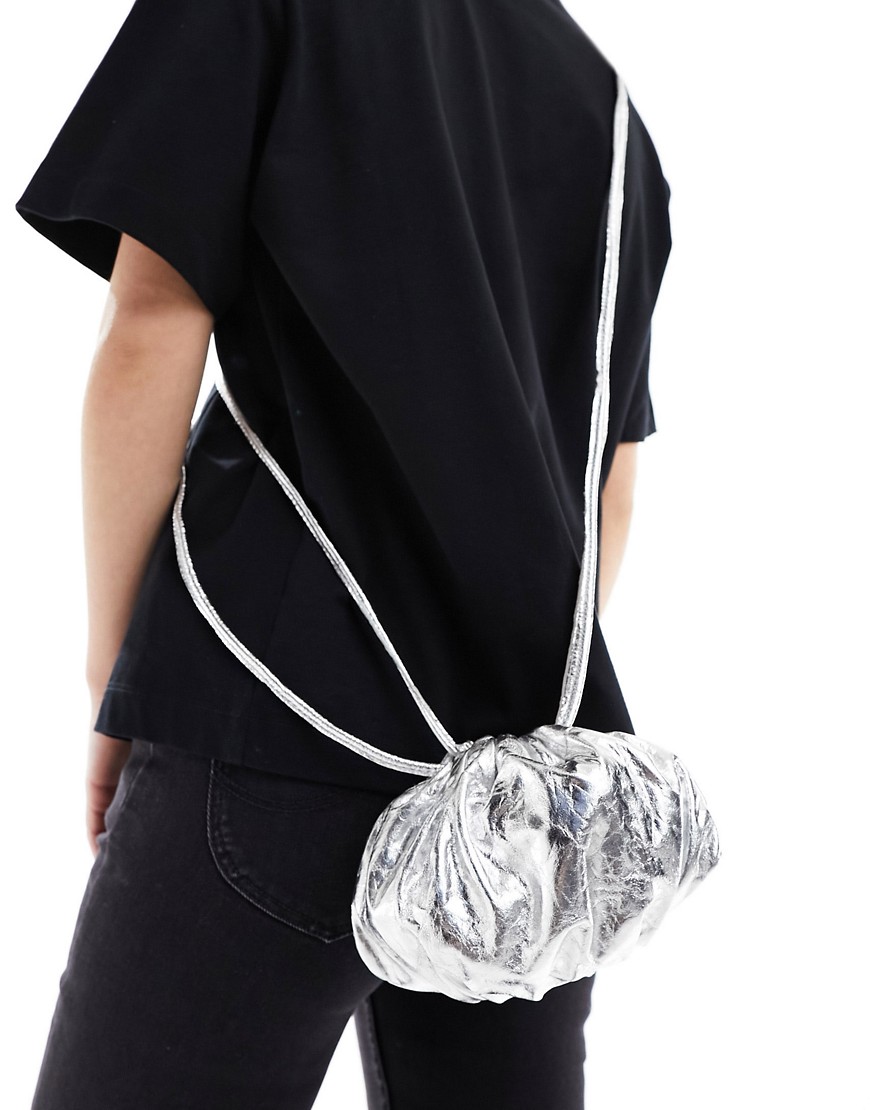leather drawstring pouch bag in silver