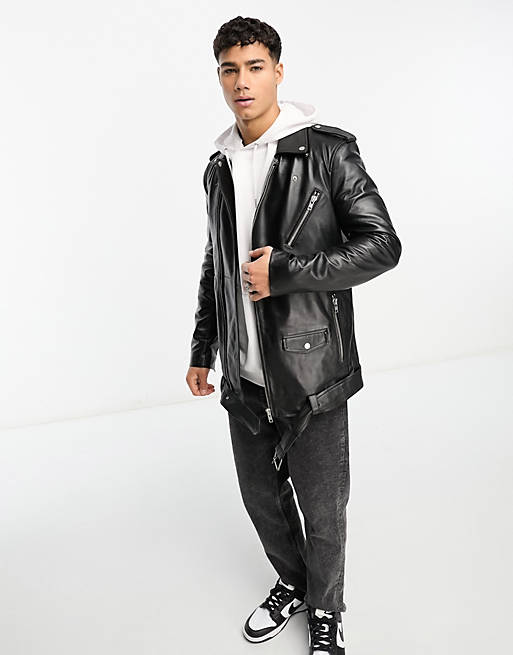 Muubaa leather longline belted biker jacket in black | ASOS