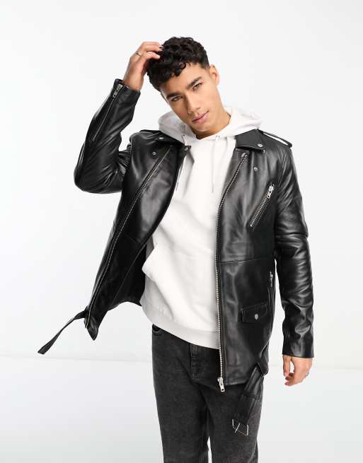 Muubaa leather longline belted biker jacket in black, 2 of 4