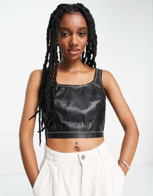 Muubaa - Lydia - Top à encolure carrée et corsage en cuir - Noir