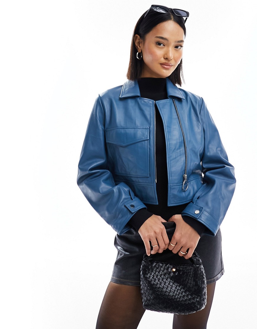 minimal boxy fit leather jacket in inky blue