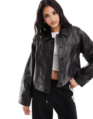 minimal leather bomber jacket in black