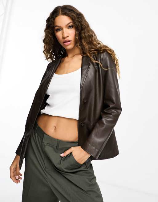 Muubaa oversized boxy leather tailored blazer in brown