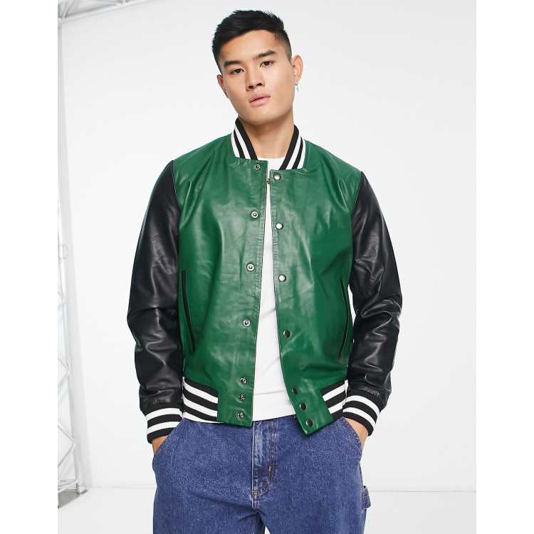 Muubaa Plain Varsity Leather Bomber Jacket-Green - ASOS Outlet