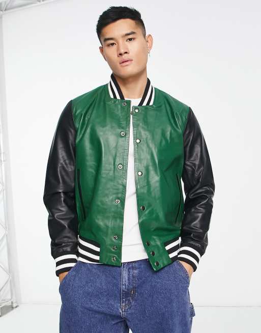 ASOS Real Leather Varsity Jacket in Green for Men