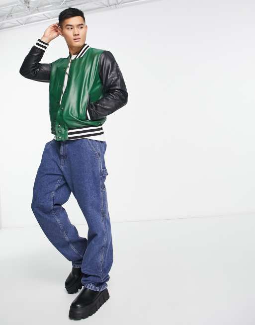 Muubaa Plain Varsity Leather Bomber Jacket-Green - ASOS Outlet