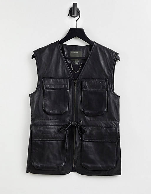 Muubaa pocket front utility leather gilet in black