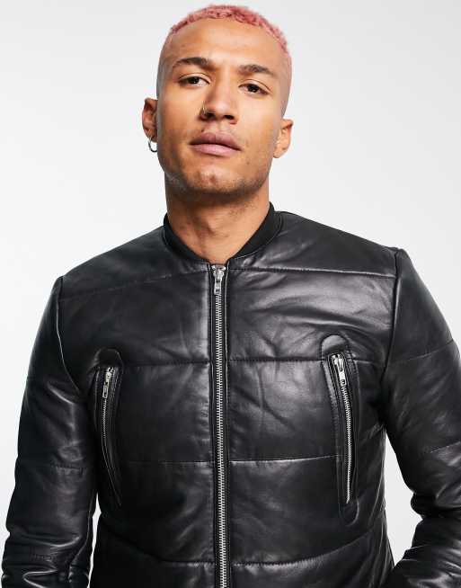 Muubaa Plain Varsity Leather Bomber Jacket-Green - ASOS Outlet