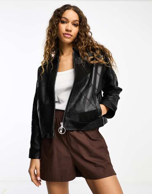 Muubaa retro patchwork leather bomber jacket in black | ASOS