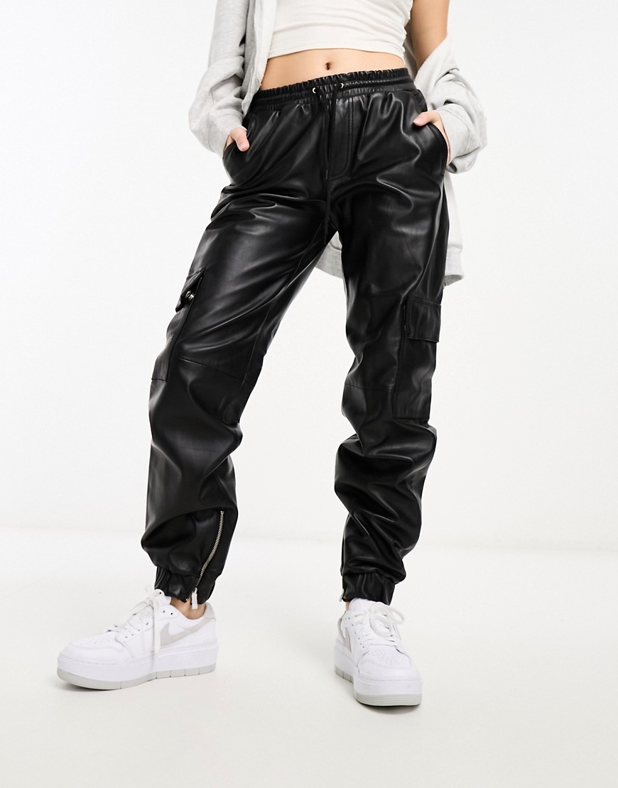 utility pocket leather joggers in black