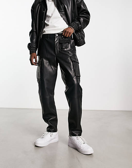 Muubaa utility pocket straight leg leather pants in black | ASOS
