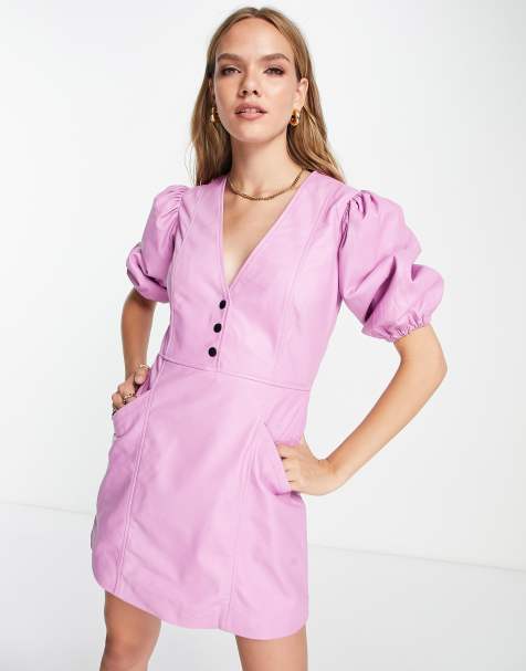 Muubaa - Vestito corto in pelle rosa acceso con maniche a sbuffo - view 1