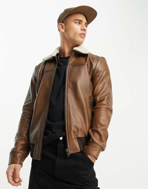 Muubaa vintage finish leather bomber jacket with faux shearling collar