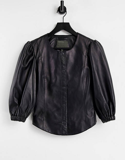 Muubaa volume sleeve collarless leather top in black
