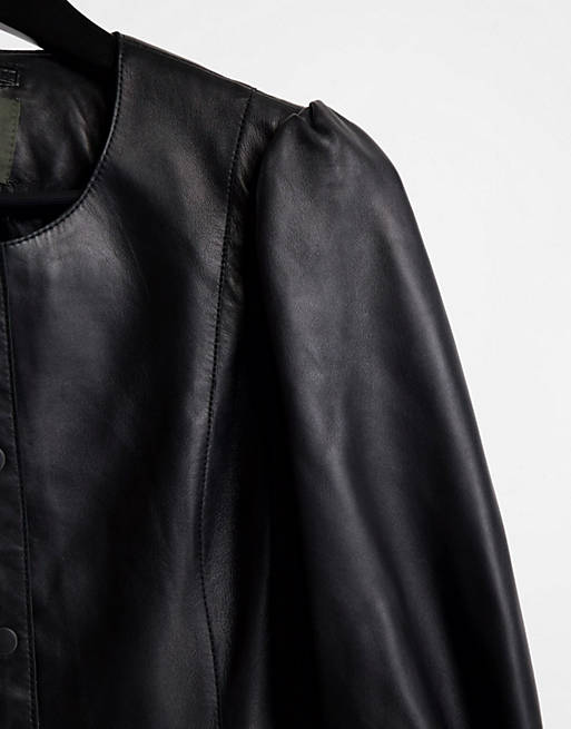Muubaa Volume Sleeve Collarless Leather Top in Black Womens Clothing Tops Long-sleeved tops 
