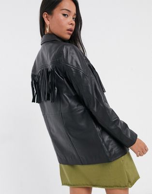 Muubaa western fringed leather jacket in black | ASOS