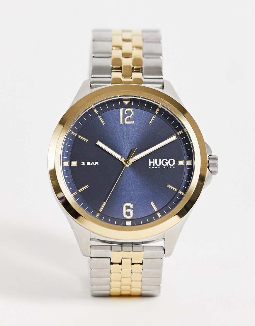 фото Мужские часы-браслет из комбинированных металлов разных цветов с синим циферблатом hugo-разноцветный