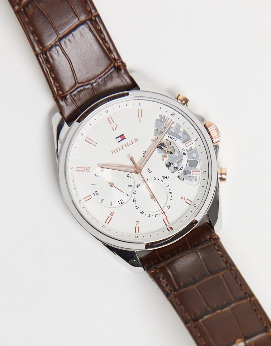 фото Мужские часы с открытым механизмом и кожаным ремешком коричневого цвета tommy hilfiger 1710450-коричневый цвет