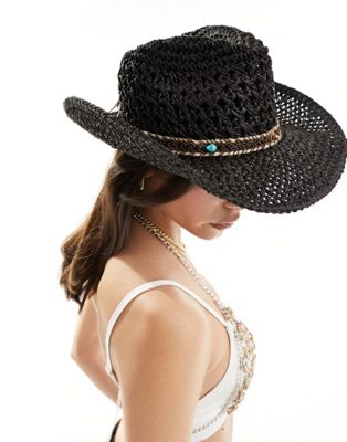 My Accessories adjustable beaded trim straw cowboy hat in black