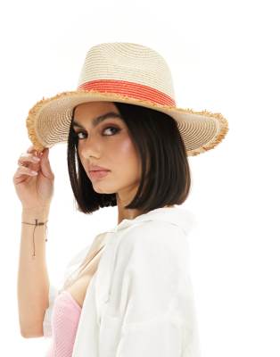 My Accessories My Accessories adjustable frayed edge fedora hat with red trim in natural-Neutral