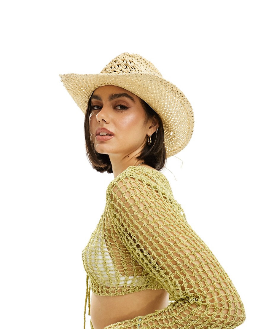 My Accessories adjustable straw cowboy hat with shell trim in beige-Neutral