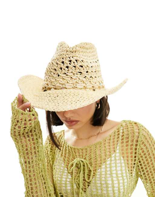 My Accessories adjustable straw cowboy hat with shell trim in beige | ASOS
