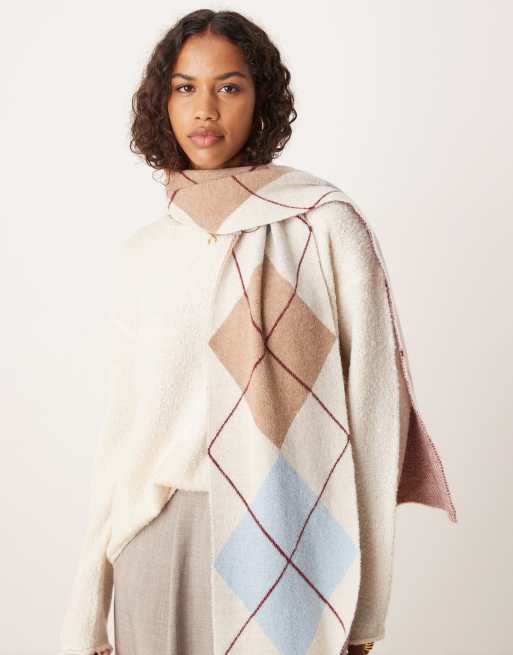 My Accessories argyle oversized scarf in cream, blue and taupe, 3 of 4