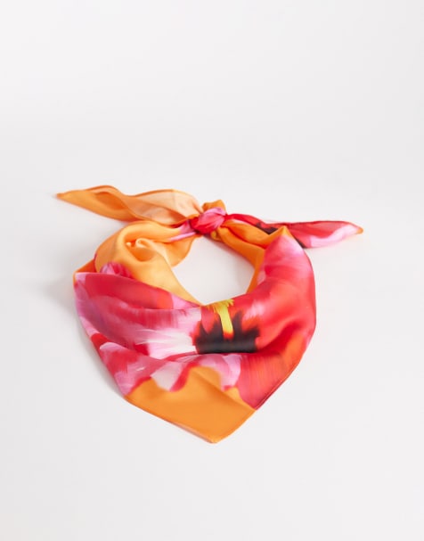 My Accessories – Bandana aus Satin in Rosa und Orange mit leuchtendem, großem Blumenmuster - view 1