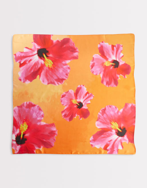 My Accessories - Bandana en satin à grandes fleurs de couleurs vives - Rose et orange , 2 de 4