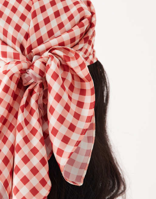 My Accessories - Bandana rossa e color crema in raso a quadretti, 3 di 3