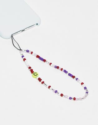 beaded smile face phone charm in purple