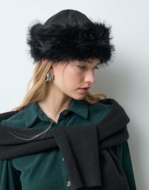 My Accessories beanie hat with faux fur trim in black - view 1