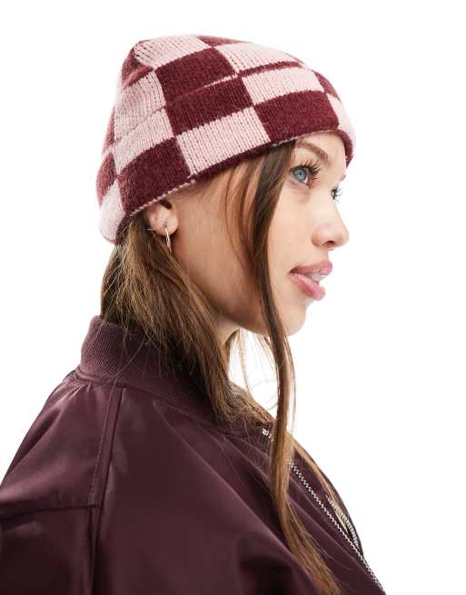 My Accessories - Beanie met dambordpatroon in bordeauxrood en roze