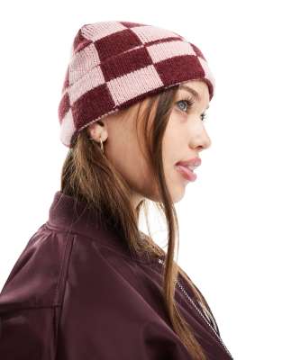 My Accessories - Beanie mit Schachbrettmuster in Burgunderrot und Rosa-Bunt