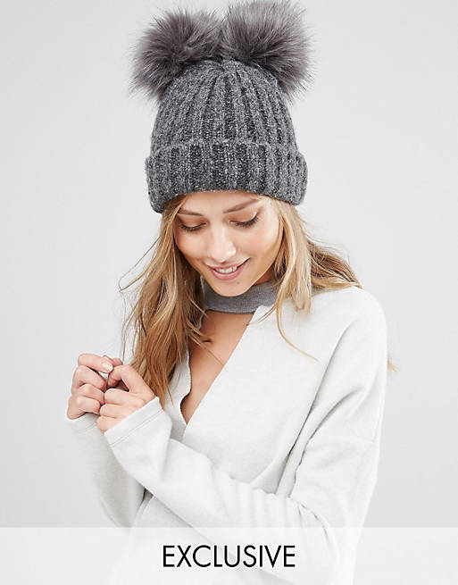 My Accessories Beanie with Double Faux Fur Pom