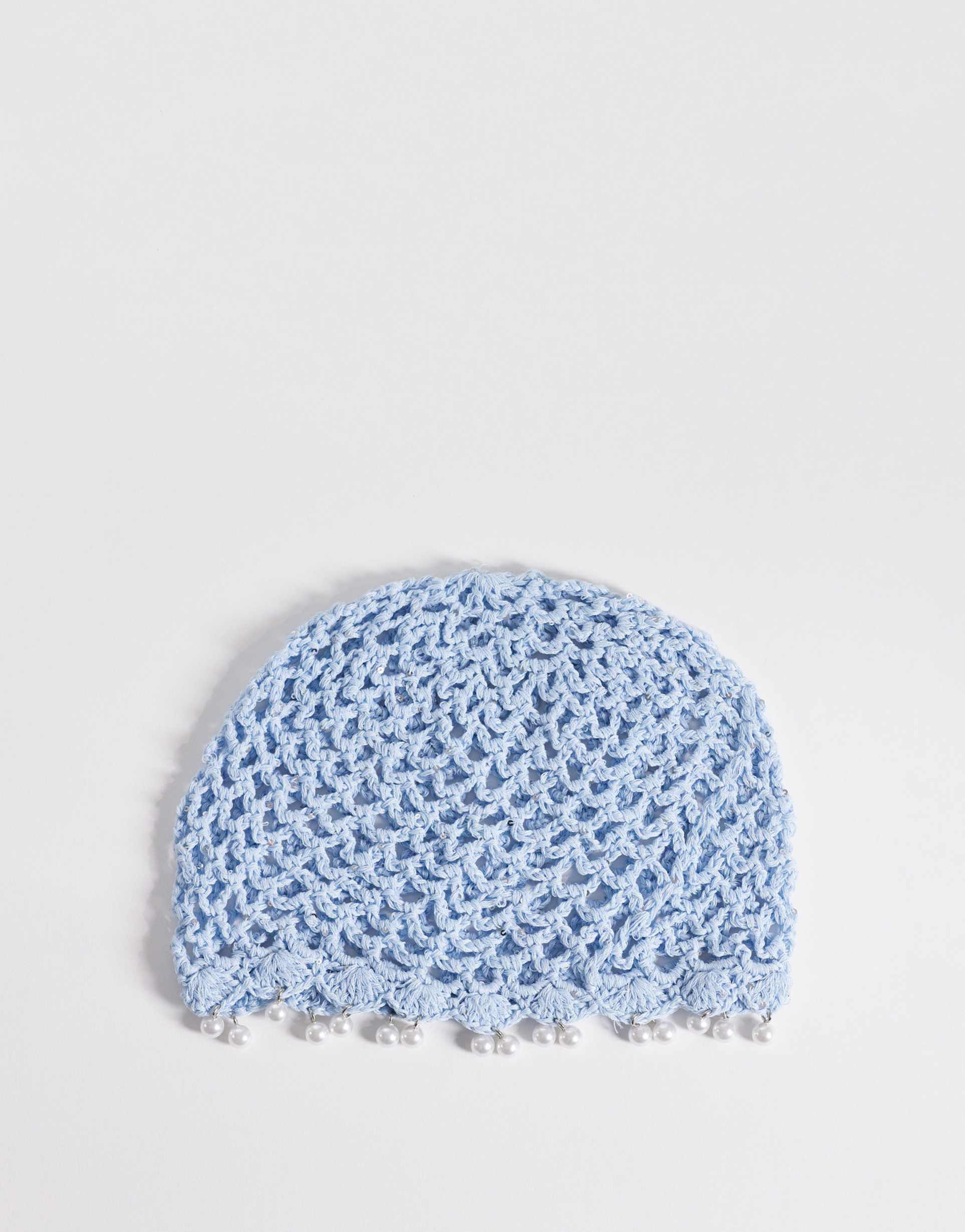 my accessories beanie with faux pearl fringe trim in baby blue