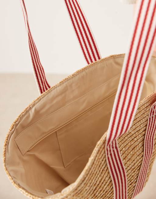 My Accessories – Beige, medelstor toteväska i strå med rödrandiga remmar, 4 av 4