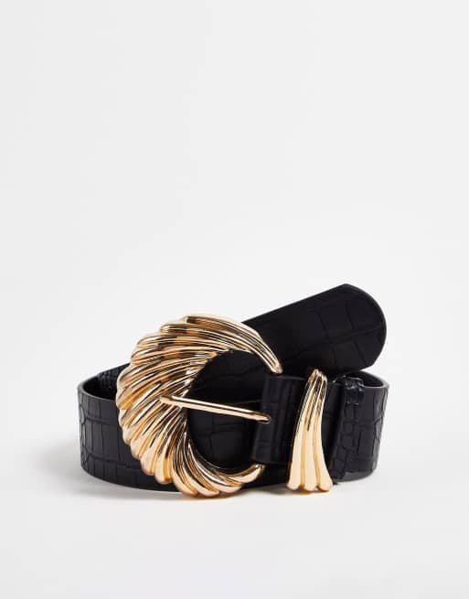 My Accessories - Bælte i sort krokodillemønster med guldfarvet statement-spænde