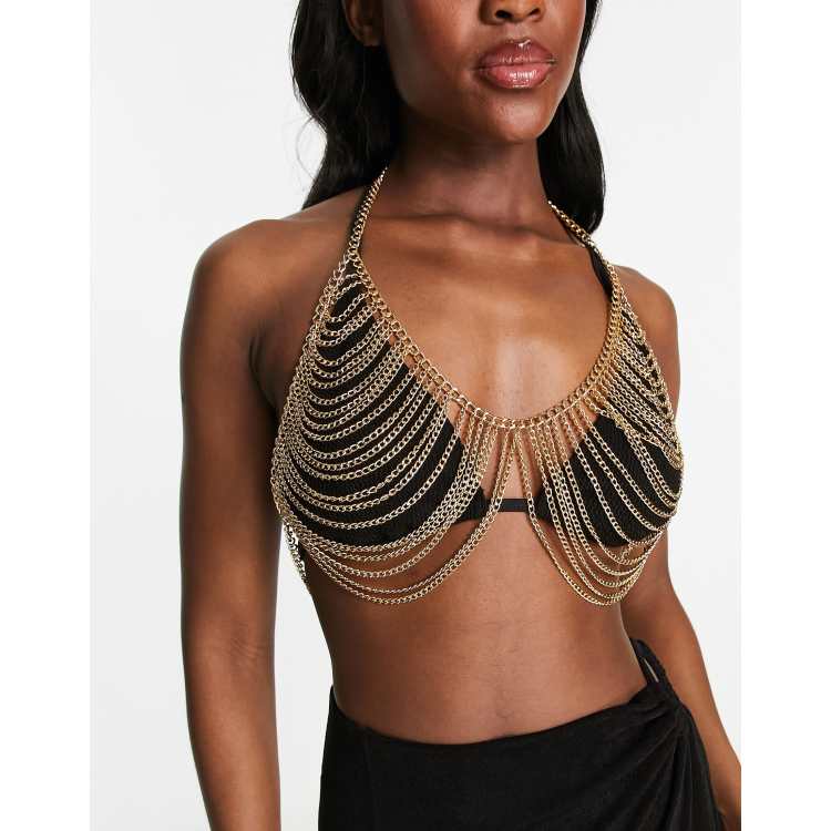 bralette asos waist chain My Accessories body chain bra in gold